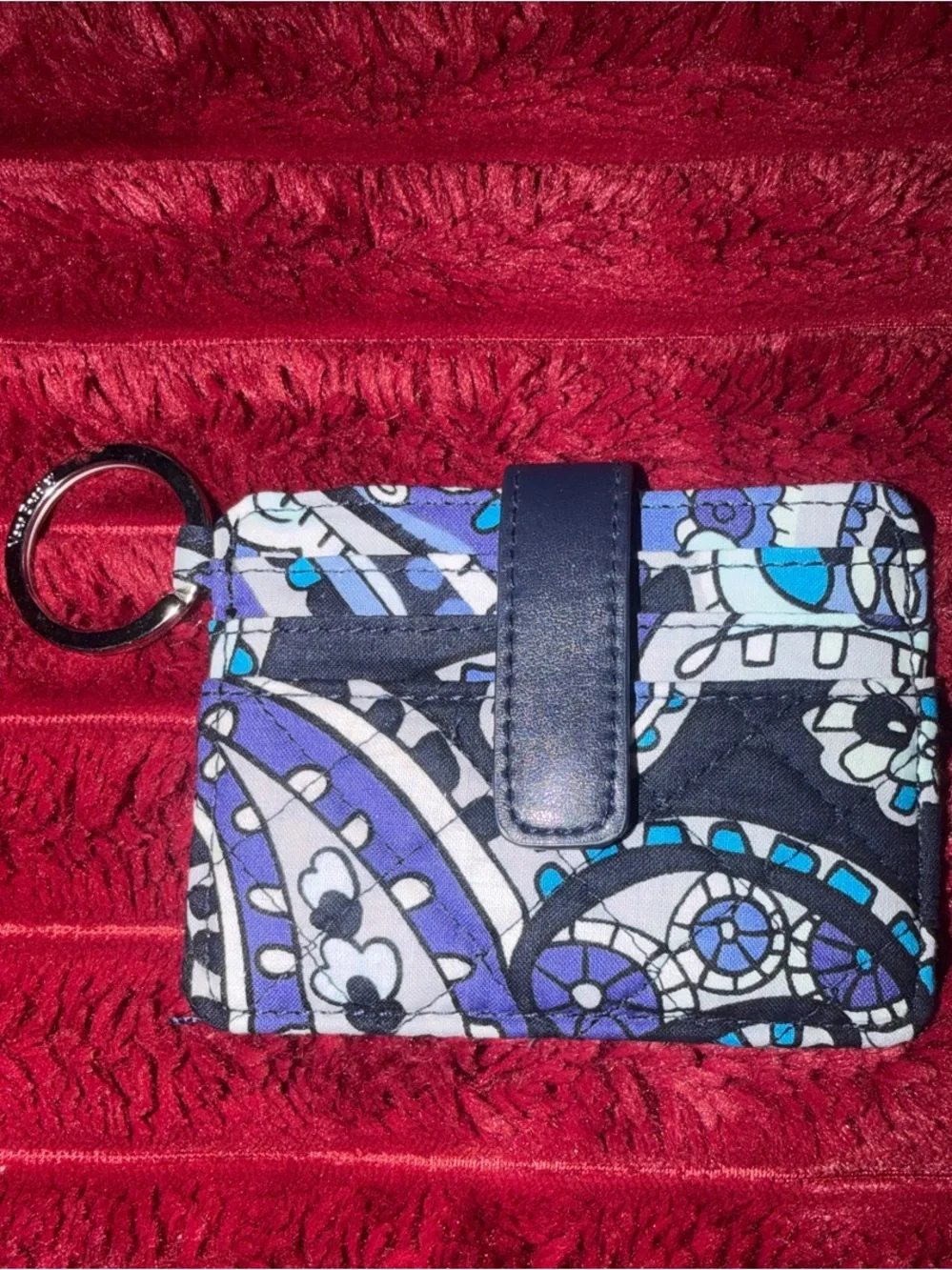 Quilted Floral Card Holder Keychain in Navy & Blue